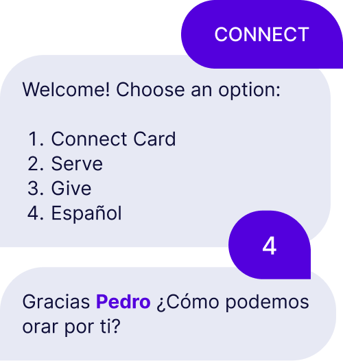 Someone texts the keyword "connect" and receives a text menu. They choose 4. Spanish and receive an auto-reply in Spanish