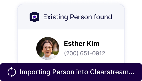 Esther already exists in Planning Center, so Clearstream imports her information into Clearstream