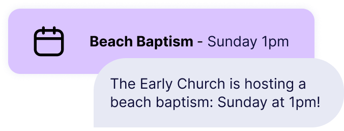 Calendar artwork with Beach Baptism event and auto-reply text with more information